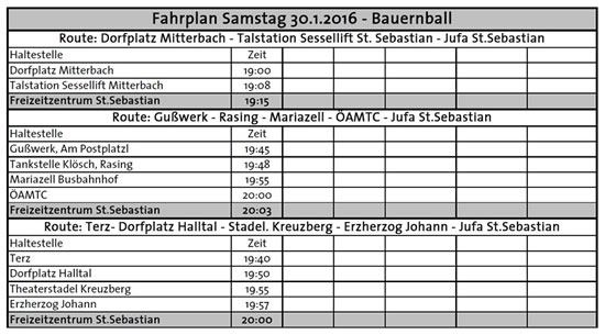 Fahrplan Bauernball 2016 Fahrplan Bauernball 2016