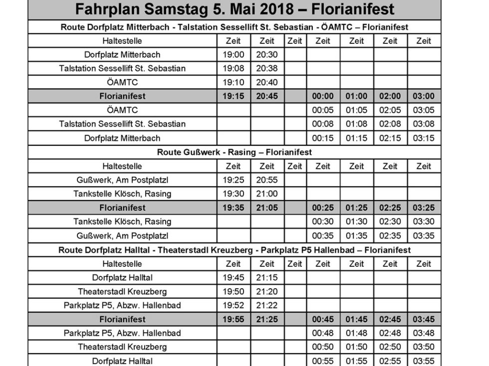 Florianifest - Fahrplan