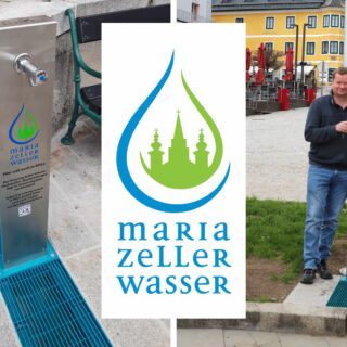 Trinkwasserbrunnen am Mariazeller Hauptplatz - Foto: Mariazell Online/Christina Krautgartner, Logo: ARGE Mariazeller Wasser, Hannes Girrer