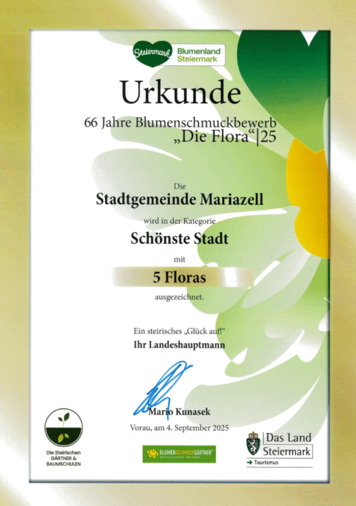 Urkunde_Blumenschmuckwettbewerb 2025 - zVg. Stadtgemeinde Mariazell
