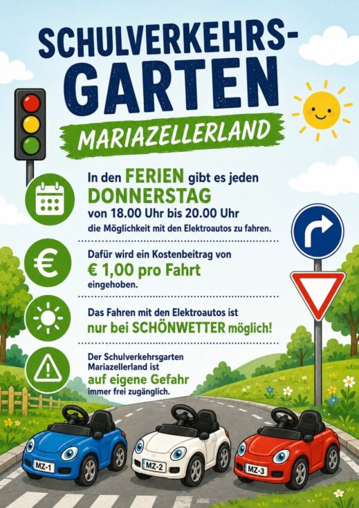 Elektroauto-Fahrten im Schulverkehrsgarten Mariazeller Land - Plakat Stadtgemeinde Mariazell