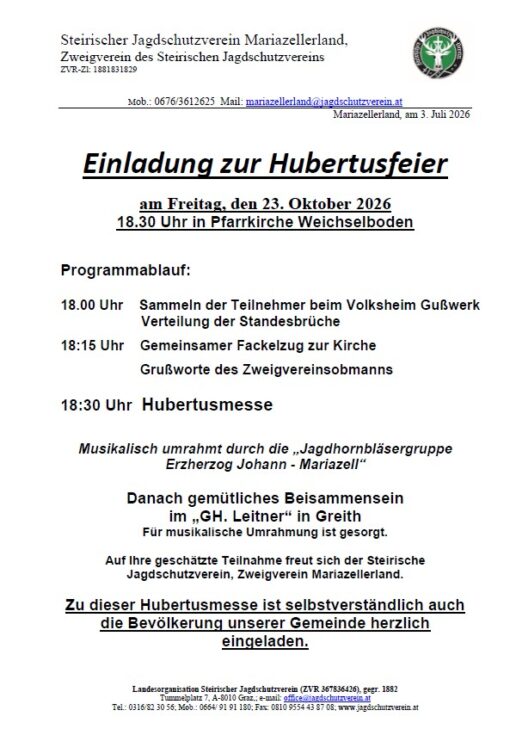 Hubertusfeier 2026 - Jagdschutzzweigverein Mariazellerland