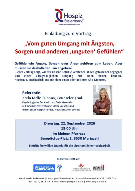 Plakat Vortrag zum Thema "Vom guten Umgang mit Ängsten ,Sorgen und anderen unguten Gefühlen"