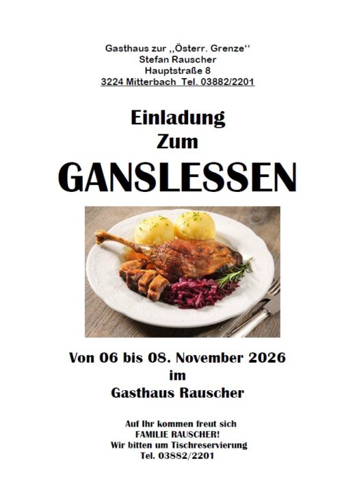 Einladung zum Ganslessen bei Familie Rauscher - Gasthaus Rauscher in Mitterbach