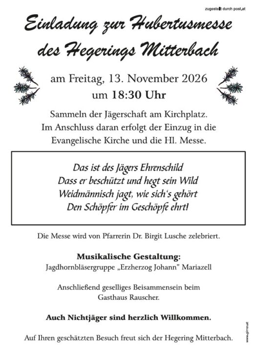 Einladung zur Hubertusmesse des Hegerings Mitterbach