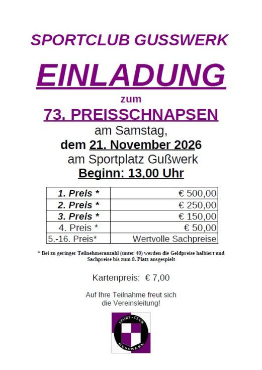 73. Preisschnapsen des Sportclub Gusswerk